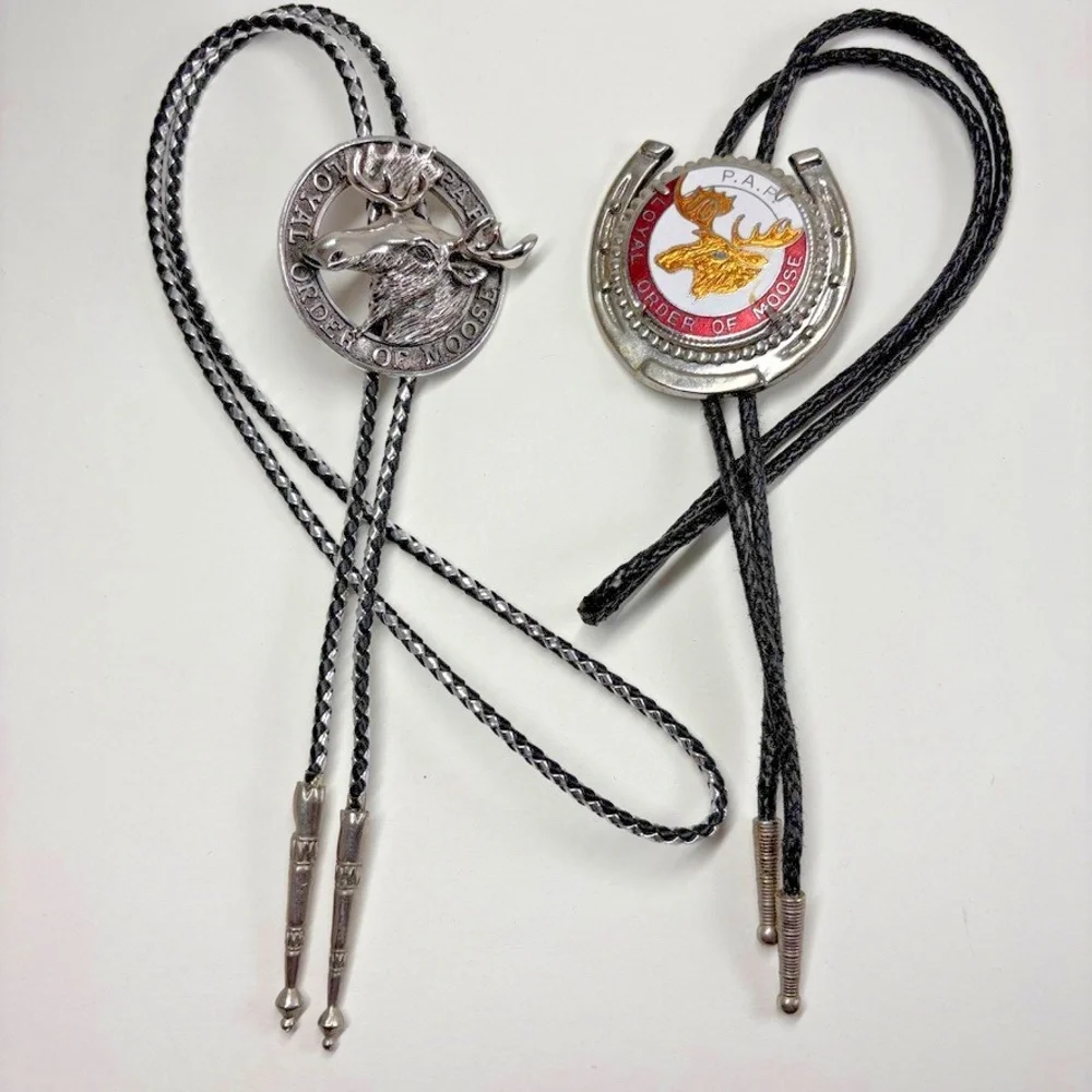 (2) PAP Loyal Order of the Moose BOLO Ties Silver Accents Leather Cord 16